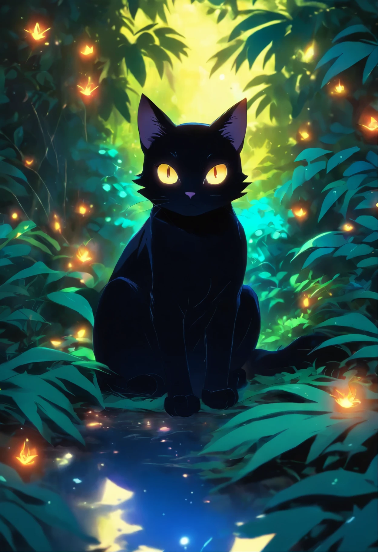 there is a black cat that is sitting in the bushes, a digital painting by Yang J, trending on cgsociety, conceptual art, 🌺 cgsociety, beautiful illustration, cat in the forest, cute detailed digital art, beautiful digital illustration, with glowing eyes, cat. digital painting, jen bartel, anime cat, anime visual of a cute cat, glowing eyes everywhere
