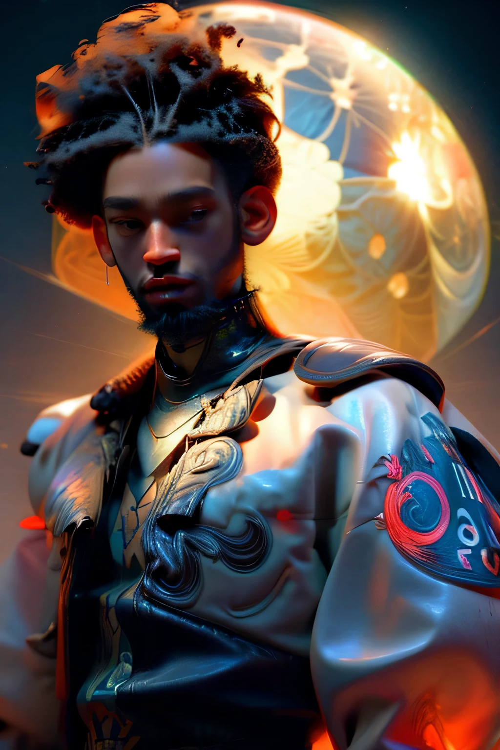 Strong blessed Warrior soul embodiment of peace, love, patience, bravery, courage, compassion, confidence, masculine, cancer sun, zodiac, Sagittarius moon in natal chart, Libra ascendant, man, Deep dark Blue hazey aura flowing around body, black man, brown skin, attractive, muscular, warm radiant essence, divine presence, Godly, Divine, grace, high resolution photo, 4k, 8k, high quality, anime, hetero, straight, dark haircut, HOVA Style of clothing, warrior energy, Hip Hop, son of Rhea Ripley, genetics, African American, melanin skin, full beard, vibrant brown pupils, Named Kristopher Lafayette Royal Daniel, anime feel, art, Black and red designs on clothing, Flight jacket, Luxurious, affectionate personality, sensual, Fashion sense
