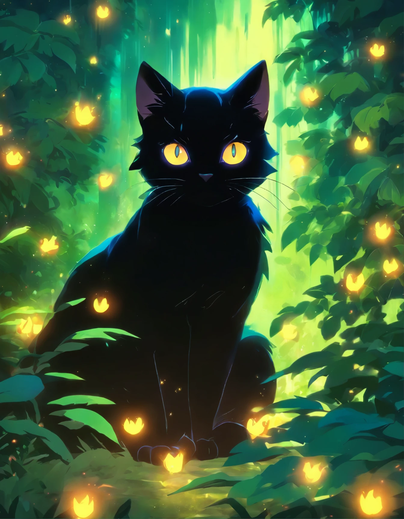 there is a black cat that is sitting in the bushes, a digital painting by Yang J, trending on cgsociety, conceptual art, 🌺 cgsociety, beautiful illustration, cat in the forest, cute detailed digital art, beautiful digital illustration, with glowing eyes, cat. digital painting, jen bartel, anime cat, anime visual of a cute cat, glowing eyes everywhere