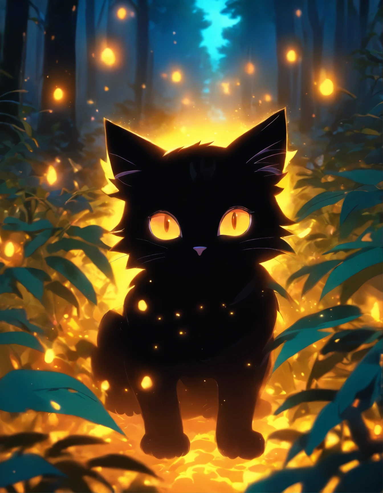 there is a black cat that is sitting in the bushes, a digital painting by Yang J, trending on cgsociety, conceptual art, 🌺 cgsociety, beautiful illustration, cat in the forest, cute detailed digital art, beautiful digital illustration, with glowing eyes, cat. digital painting, jen bartel, anime cat, anime visual of a cute cat, glowing eyes everywhere