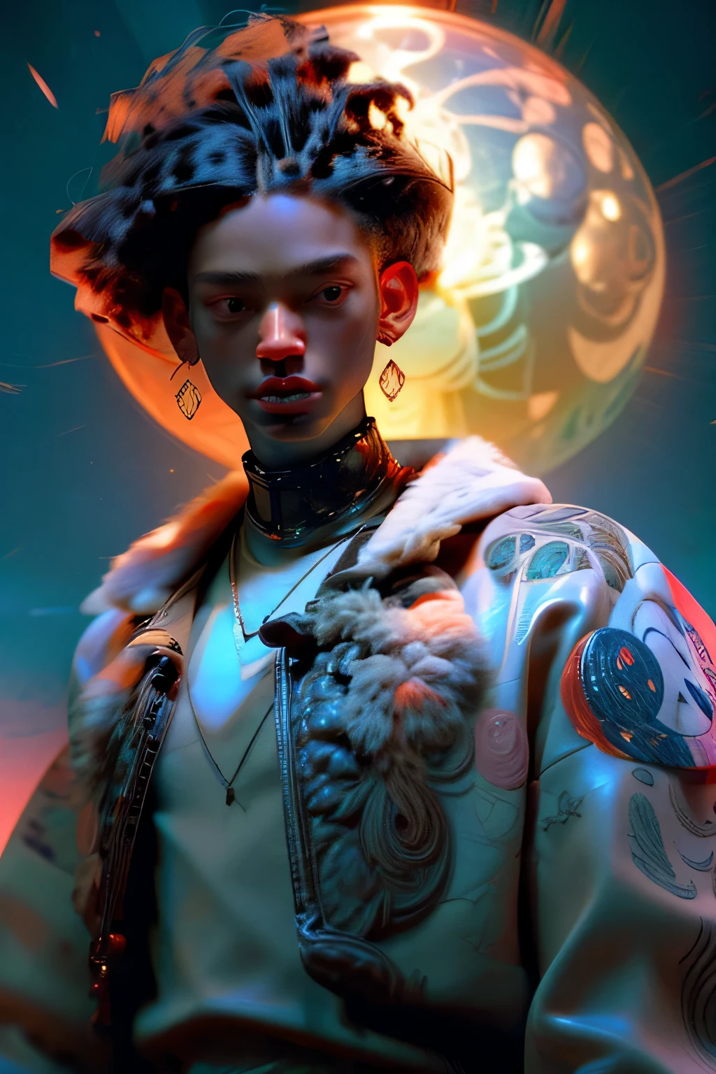 Strong blessed Warrior soul embodiment of peace, love, patience, bravery, courage, compassion, confidence, masculine, cancer sun, zodiac, Sagittarius moon in natal chart, Libra ascendant, man, Deep dark Blue hazey aura flowing around body, black man, brown skin, attractive, muscular, warm radiant essence, divine presence, Godly, Divine, grace, high resolution photo, 4k, 8k, high quality, anime, hetero, straight, dark haircut, HOVA Style of clothing, warrior energy, Hip Hop, son of Rhea Ripley, genetics, African American, melanin skin, full beard, vibrant brown pupils, Named Kristopher Lafayette Royal Daniel, anime feel, art, Black and red designs on clothing, Flight jacket, Luxurious, affectionate personality, sensual, Fashion sense