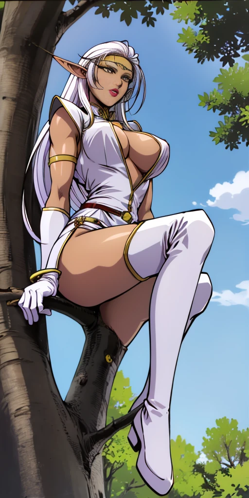Pirotess, (yellow eyes), white hair, silver hair, very long hair, straight hair, solo, adult woman, tall, slightly muscular, large breasted, cleavage, constricted waist, Toned body, slight abs, thin dark skin, pointy ears, lipstick, makeup, black eyeshadow, circlet, white short dress, jewelry, bracelet, white gloves, thigh boots, blue sky, white clouds, meadow, tree, sitting on a branch, from below, thighs, forest background,, cowboy shot