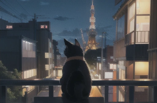 An orange cute cat is gazing at Tokyo Tower from a balcony in the evening in downtown Tokyo