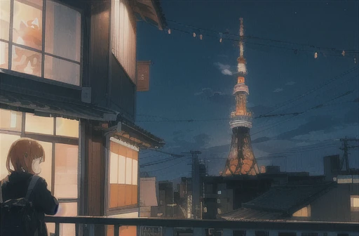 An orange cute cat is gazing at Tokyo Tower from a balcony in the evening in downtown Tokyo