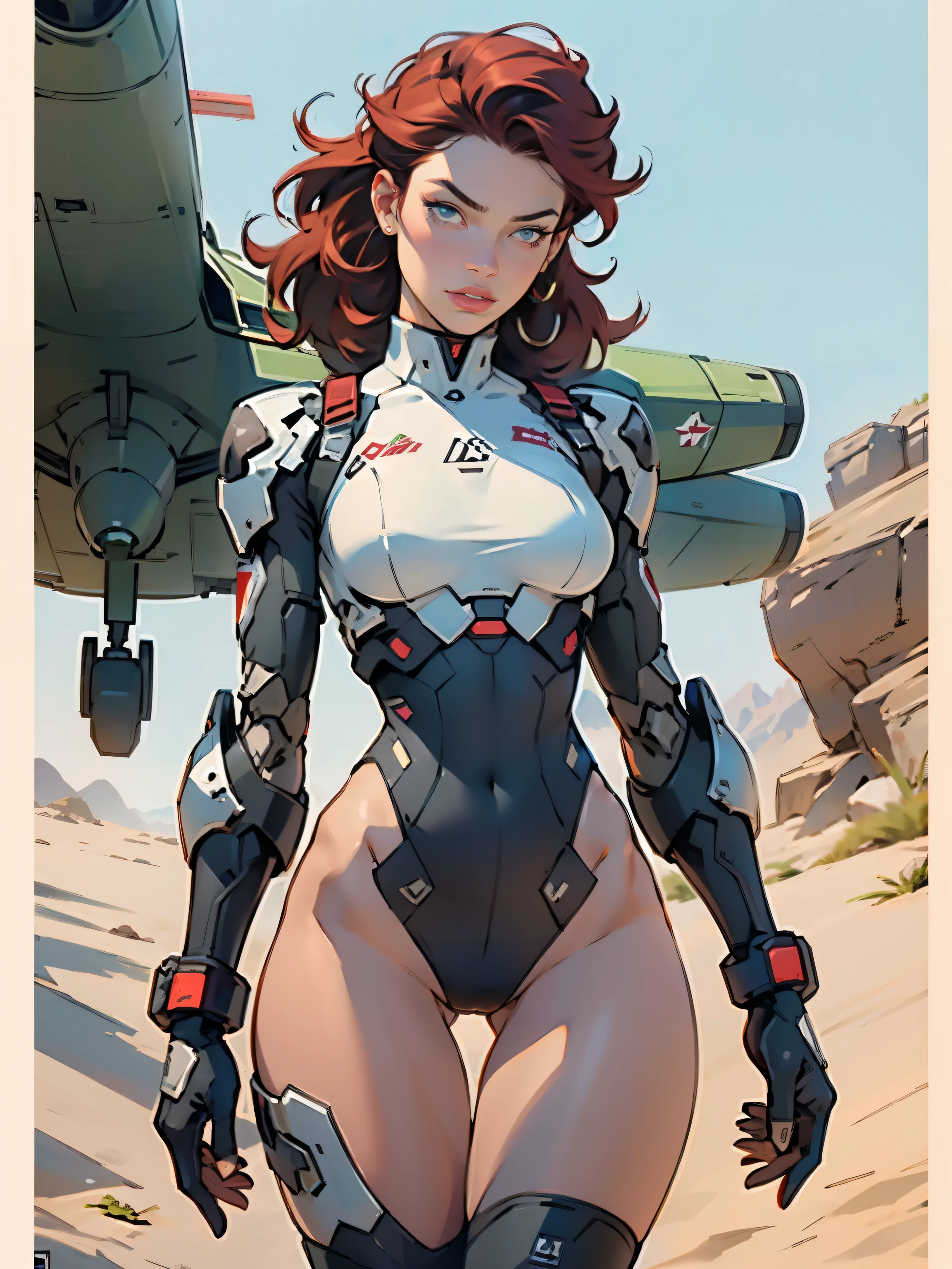 1woman 20 years old, military, beautiful, perfect body, realistic, red hair, perfect body, thin waist,  , large breasts, slim thighs, desert background, armored vehicle, flying fighters, military robot dog, camouflaged uniform, wealth of details, tight panties, marking on the front, slender knees, highly detailed, high resolution, prefect hands, slender thighs, show knees, thigh gap, alert eyes