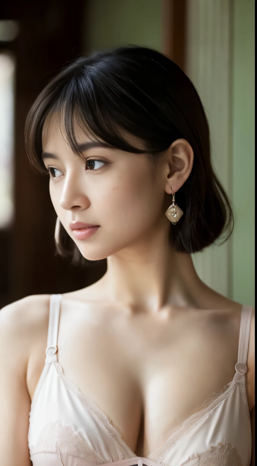 8K, table top, Raw photo, highest quality, realistic, Highly detailed CG Unity 8K wallpaper, Depth of the bounds written, cinematic light,ray tracing, (very beautiful face, beautiful lips, beautiful eyes), face with intricate details, ((highly detailed skin)) 1 girl, in the dark, deep shadow, 1 cute Japan girl, , ((looking at the viewer)),(half open mouth), (blurred background), beautiful earrings, bracelet, necklace, clear eyes, , (big eye ace forward, (upper body shot), , (looking at the viewer:1.3) open chest, Huge , Plump、 focusing,,((thin camisole、No bra))), Random hairstyles for short hair and up hair、black hair、blush、Sexy Inviting Poses、Fuck me eyes、18 ~ Random age between 35 years old、white skin、multiple moles:1.6