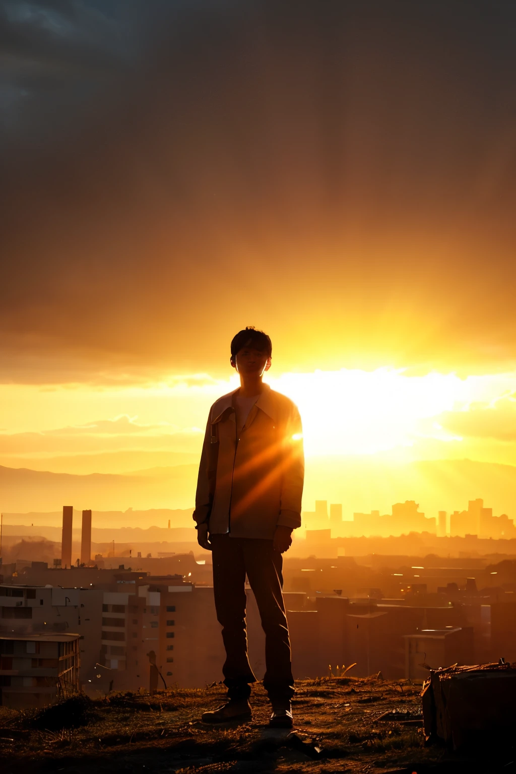 A young man made of ral-dissolve, wearing a tattered suit and playing a haunting melody on his guitar, stands in the midst of a destroyed city. His face is ideal but sad, reflecting the horrors of war that have surrounded him. Despite the devastation, the man represents hope and life, a beacon of light in the darkness. The early sunrise casts a warm glow through the clouds, illuminating the scene with a sense of promise and renewal. The ral-dissolve technique creates a sense of ethereal beauty, emphasizing the man's connection to the spiritual realm. The overall mood is one of melancholy and reflection, a poignant reminder of the fragility of life and the power of hope in the face of adversity.