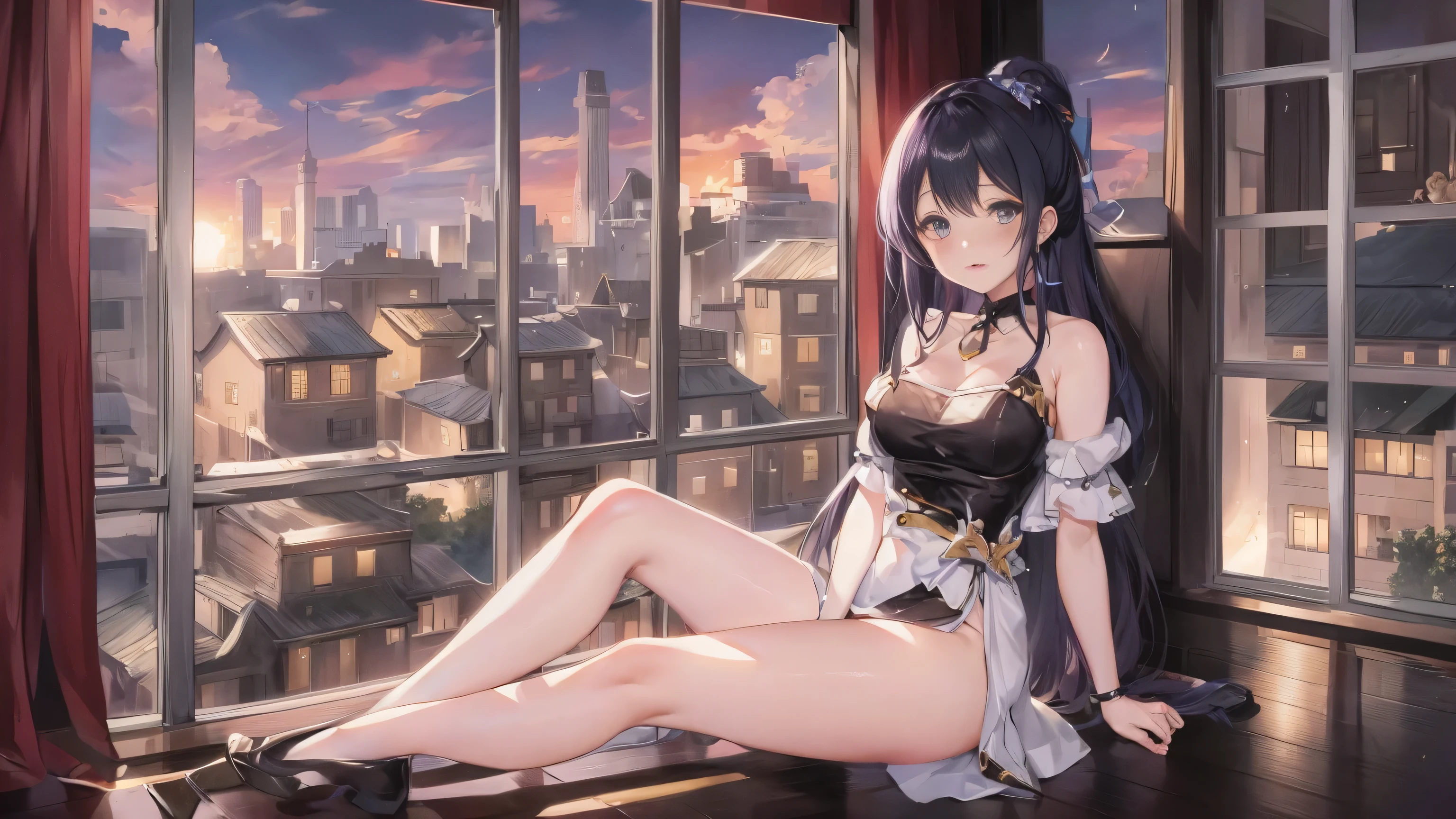anime girl sitting on the floor in front of a window, seductive anime girl, beautiful anime girl, Beautiful seductive anime woman, Cute anime waifu in fancy dress, attractive anime girl, Azur Lane style, animation style 4k, From the Azur Lane video game, beautiful animation woman, pretty anime girl, anime goddess, anime girl, anime waifu, beautiful animation