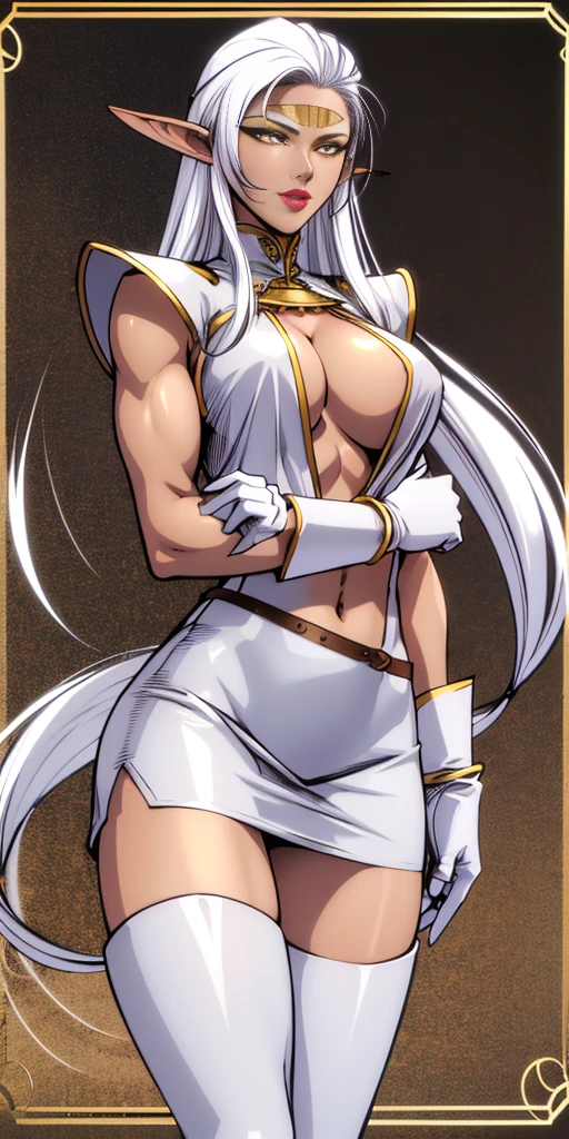 Pirotess, (yellow eyes), white hair, silver hair, very long hair, straight hair, solo, adult woman, tall, slightly muscular, large breasted, cleavage, constricted waist, Toned body, slight abs, thin dark skin, pointy ears, lipstick, makeup, black eyeshadow, circlet, white short dress, jewelry, bracelet, white gloves, thigh boots