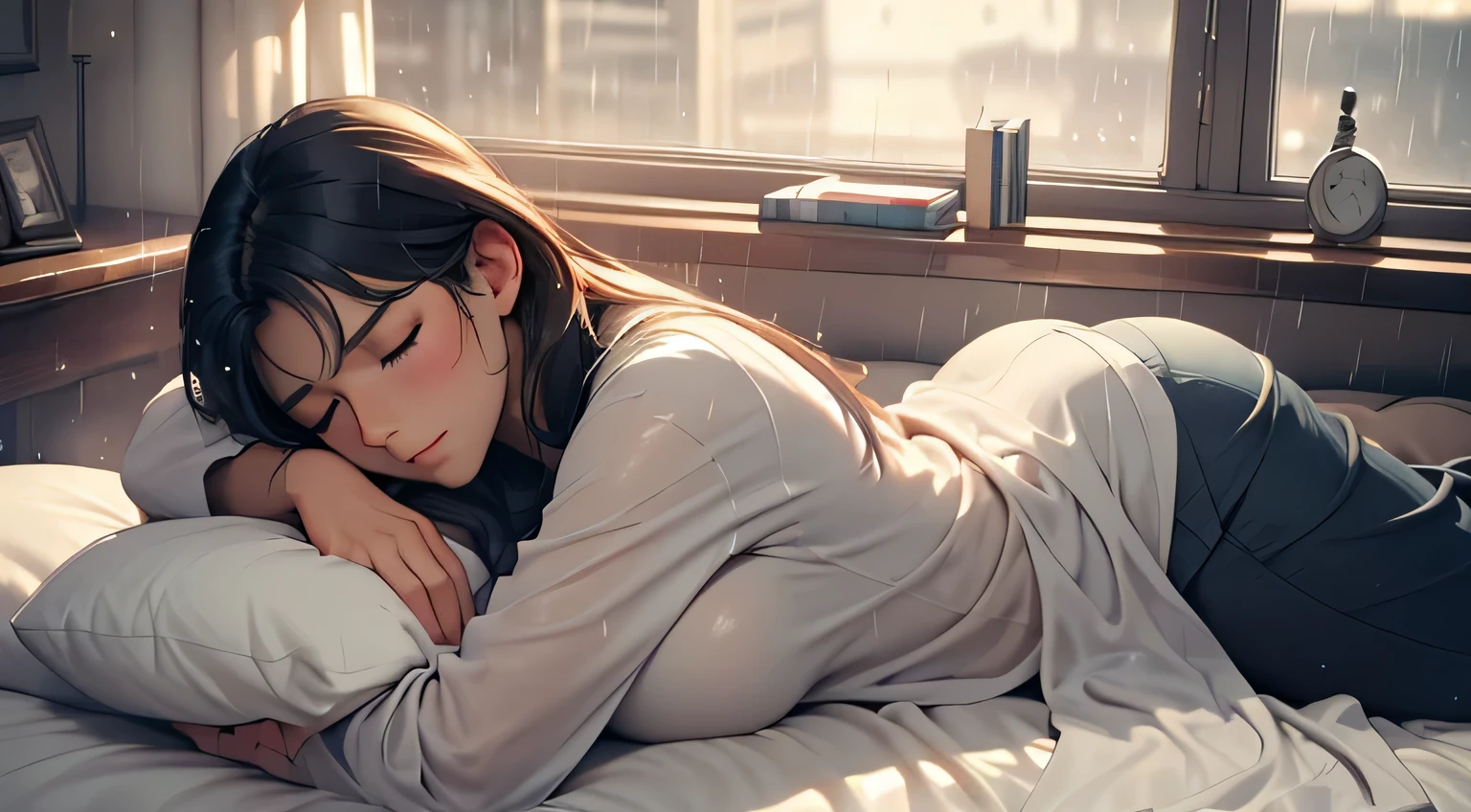 ((best quality)), ((masterpiece)), (detailed), perfect face, lying in bed and sleeping, take off all clothes, rainy window, Rainy night, eyes closed, one woman, underclothed, butt visible, breasts visible, sleeping on a pillow