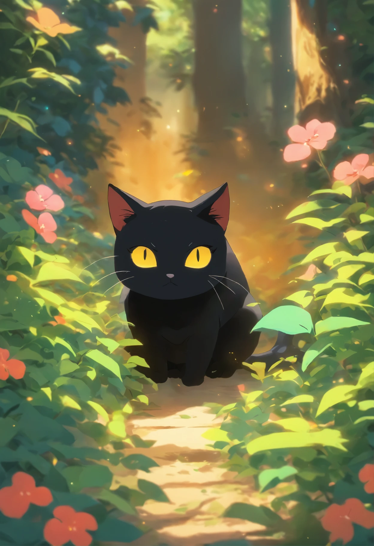 there is a black cat that is sitting in the bushes, by Yang J, by Ni Tian, 🌺 cgsociety, by Eizan Kikukawa, by Ni Duan, beautiful illustration, by Jin Nong, by Ryan Yee, by Miyazaki, cat in the forest, cute detailed digital art, by Kamagurka, beautiful digital illustration