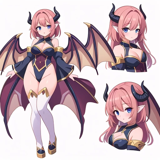 masterpiece, best quality, cute eyes, 1girl, solo, high fantasy costume, ((white background)), full body, multiple views, leotard, succubus, dragon horn, detached sleeves,