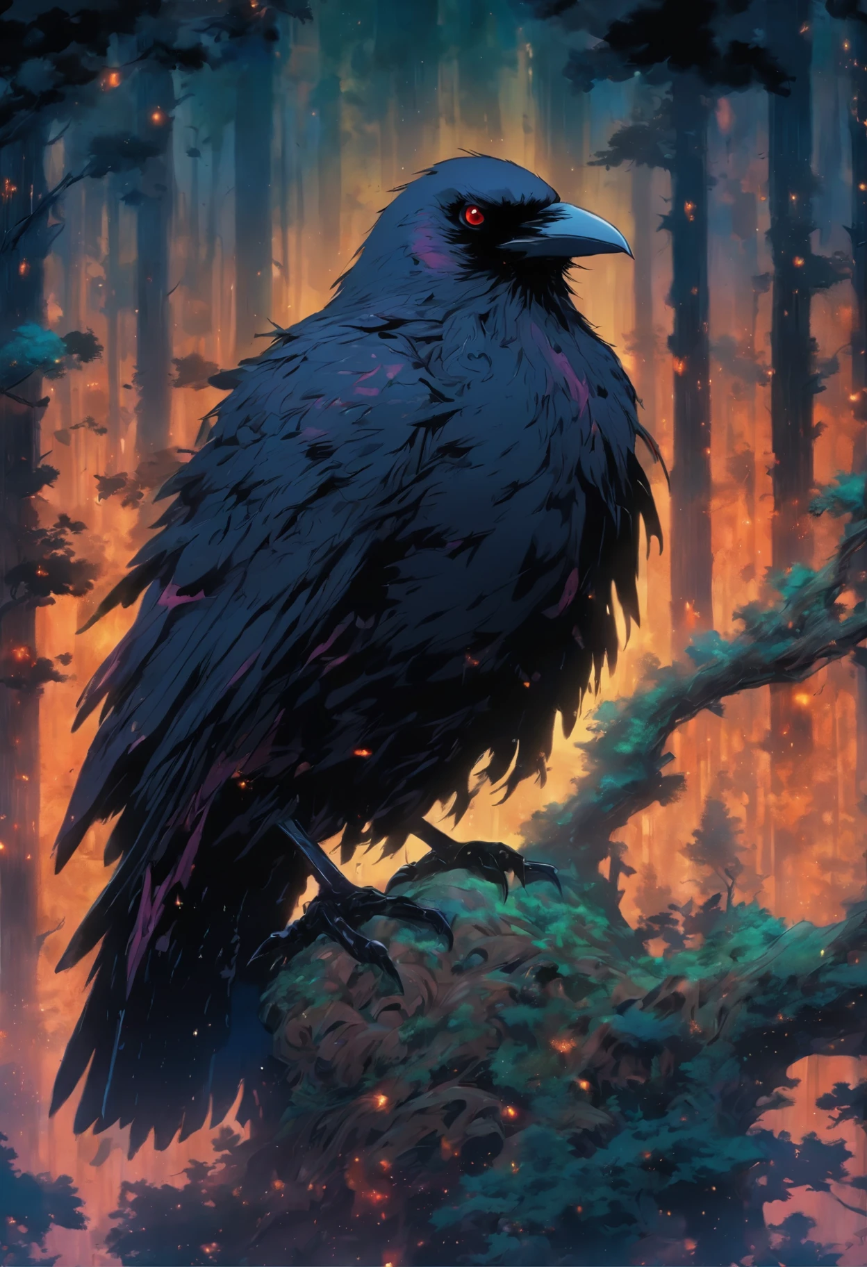 a black bird sitting on top of a tree branch next to a forest, a detailed painting by Gonzalo Endara Crow, reddit contest winner, gothic art, crows beautiful, raven bird, detailed crow illustration, crows as a symbol of death, artistic drawing of a crow, highly detailed dark art, detailed 3d gothic oil painting, raven monster
