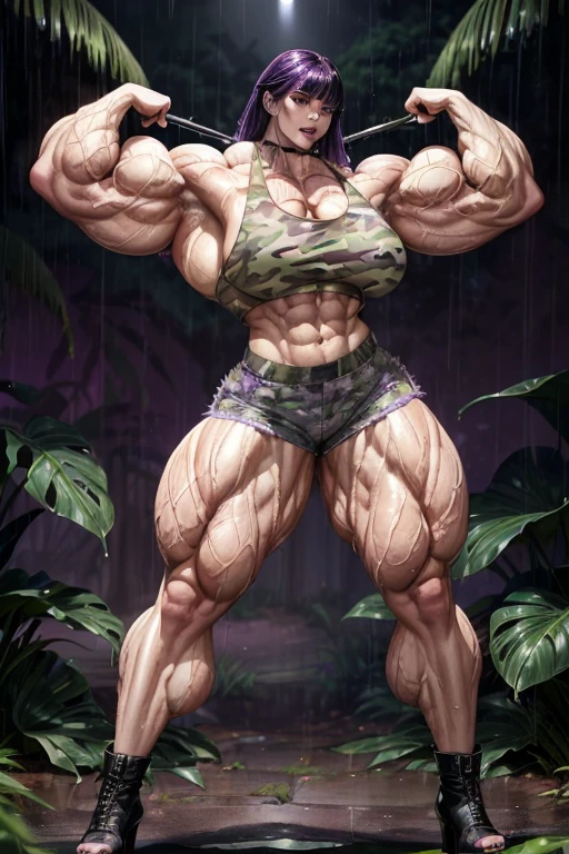 (((((Massive tall, beautiful, buff, wet, pale white skinned, muscular woman with wet dark purple hair, black lipstick, ginormous bulky muscles and wearing a violet purple cropped camouflage tank top with purple camouflage safari shorts))))), (close view), (black eyeliner), massive muscle, massive biceps, hyper muscle triceps, (long hair with long bangs), black eyes, black high heels boots, (in a dark heavy rainy jungle), nighttime, showing a sexy smile, hyper muscles arms, hyper muscle legs, (massive arms)