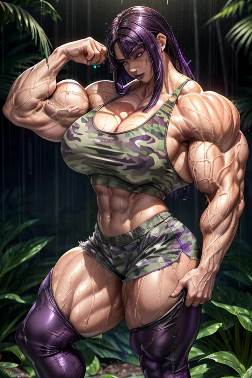 (((((Massive tall, beautiful, buff, wet, pale white skinned, muscular woman with wet dark purple hair, black lipstick, ginormous bulky muscles and wearing a violet purple cropped camouflage tank top with purple camouflage safari shorts))))), (close view), (black eyeliner), massive muscle, massive biceps, hyper muscle triceps, (long hair with long bangs), black eyes, black high heels boots, (in a dark heavy rainy jungle), nighttime, showing a sexy smile, hyper muscles arms, hyper muscle legs, (massive arms)