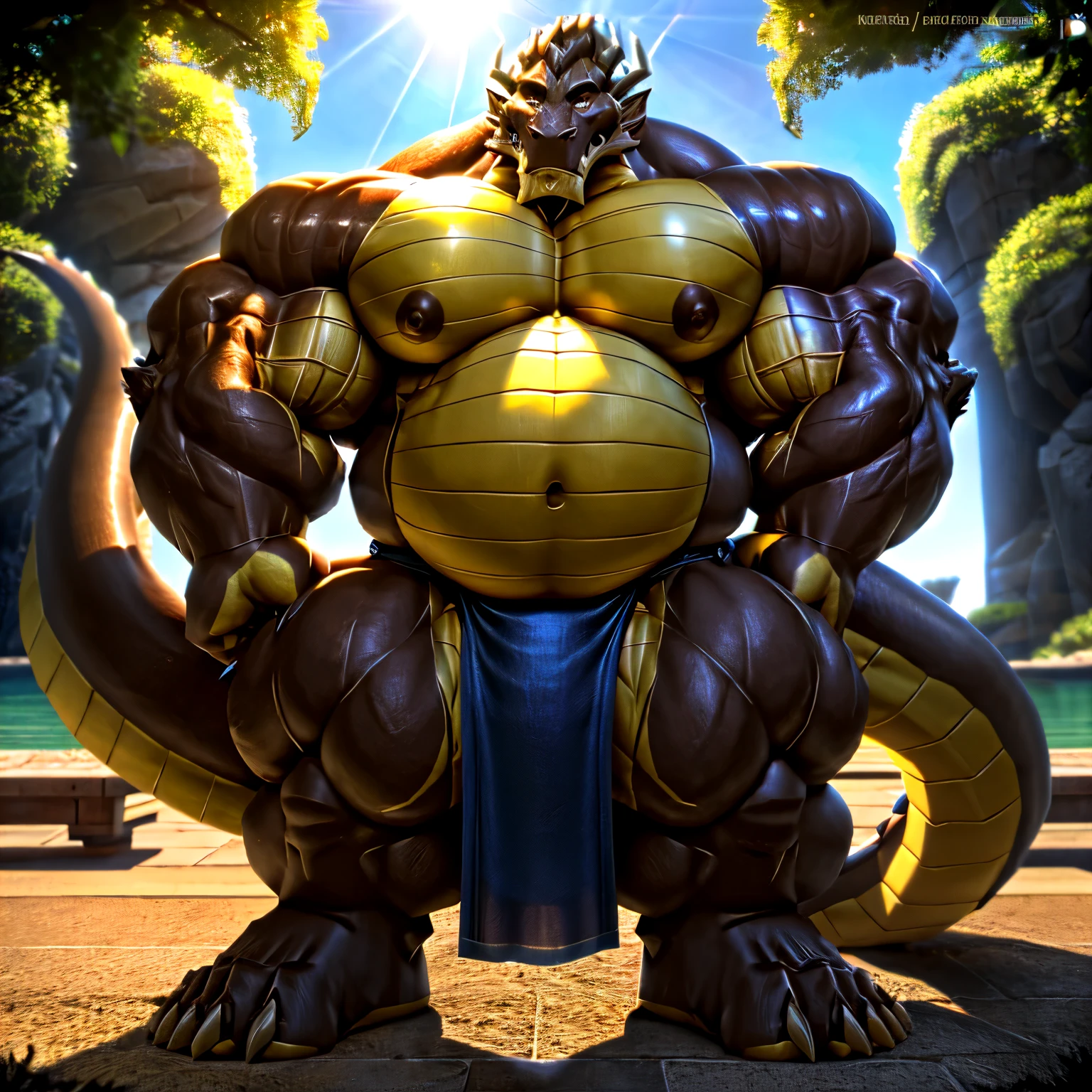 shendu, eastern dragon king, male dragon, eastern dragon,hefty body,  with very big muscles, hulking, huge, colossal body,  extremely strong, big abdominal muscles, hefty musclegut, pecs, Strong and robust musclegut , prominent muscle abs, sharp claws, legs,  feet, full body, loincloth,  HDR, nipples, sunlight, daylight, outdoor, bright , at noon,  good weather,  4k, best quality .