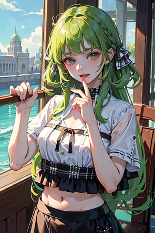 (masterpiece,highest quality),crop top look,Short sleeve hoodie,
(Black skirt with gingham check),green haired, long ringlets, bangs.