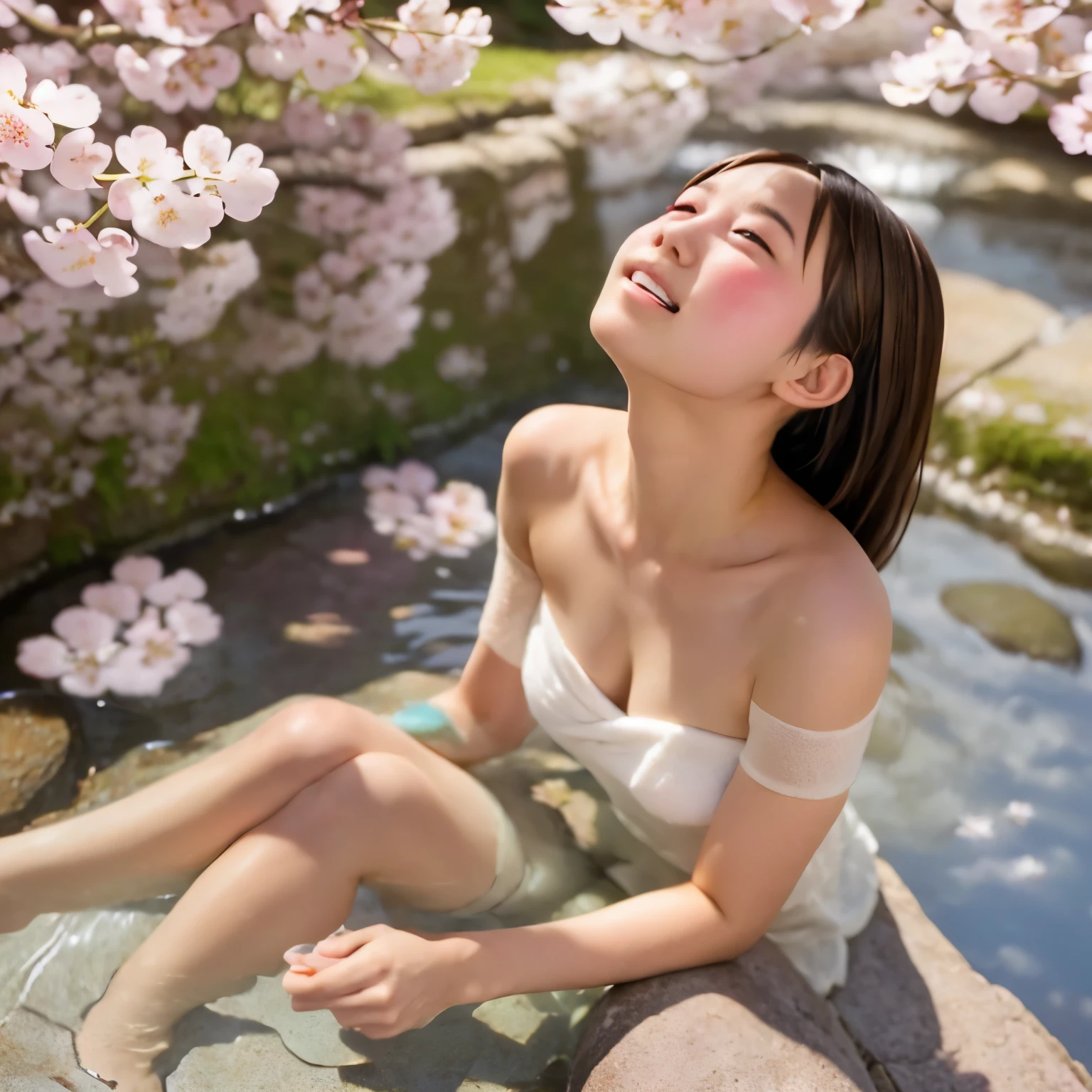 no NSFW, ((No naked, naked towel)), ((JPHS)), (solo), 22yo, japanese woman, Masterpiece:1.3, Best Quality:1.3, Ultra-realistic capture, Highly detailed, High resolution 16k, natural white skin, perfect anatomy, (((Hot spring under Under the cherry blossoms in full bloom, blue sky ))), Under the cherry blossoms, looking at cherry blossoms, (((chest:0.5))), ((rest bathing)), ((sitting on the rock)), (((Photographed looking up at the cherry blossoms over her shoulder:1.5))), smile,