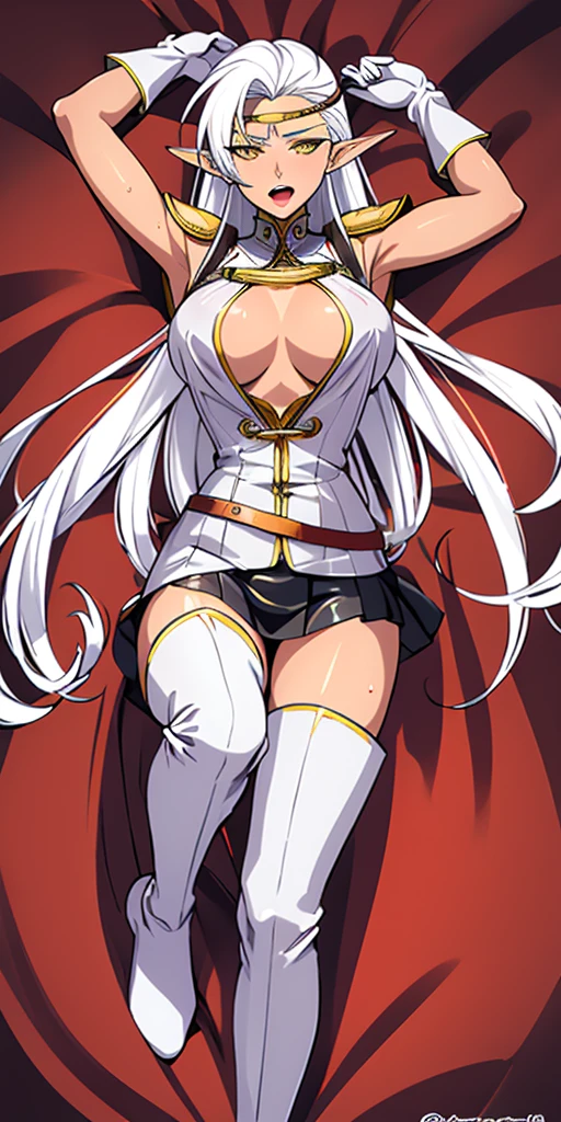 (((masterpiece,high resolution,best quality))), 1girl, solo,wine bottle,bare legs, large breasts, lying, on back, petals, looking at viewer, armpits, open mouth, solo, blush, wet clothes, heart, arms up, wet, bed sheet, origin, 1girl, red cape, boots, gloves, epaulettes, black corset, corset, black gloves, :d, black skirt, Pirotess, (yellow eyes), white hair, silver hair, very long hair, straight hair, solo, adult woman, tall, slightly muscular, large breasted, cleavage, constricted waist, Toned body, slight abs, thin dark skin, pointy ears, lipstick, makeup, black eyeshadow, circlet, white short dress, jewelry, bracelet, white gloves, thigh boots