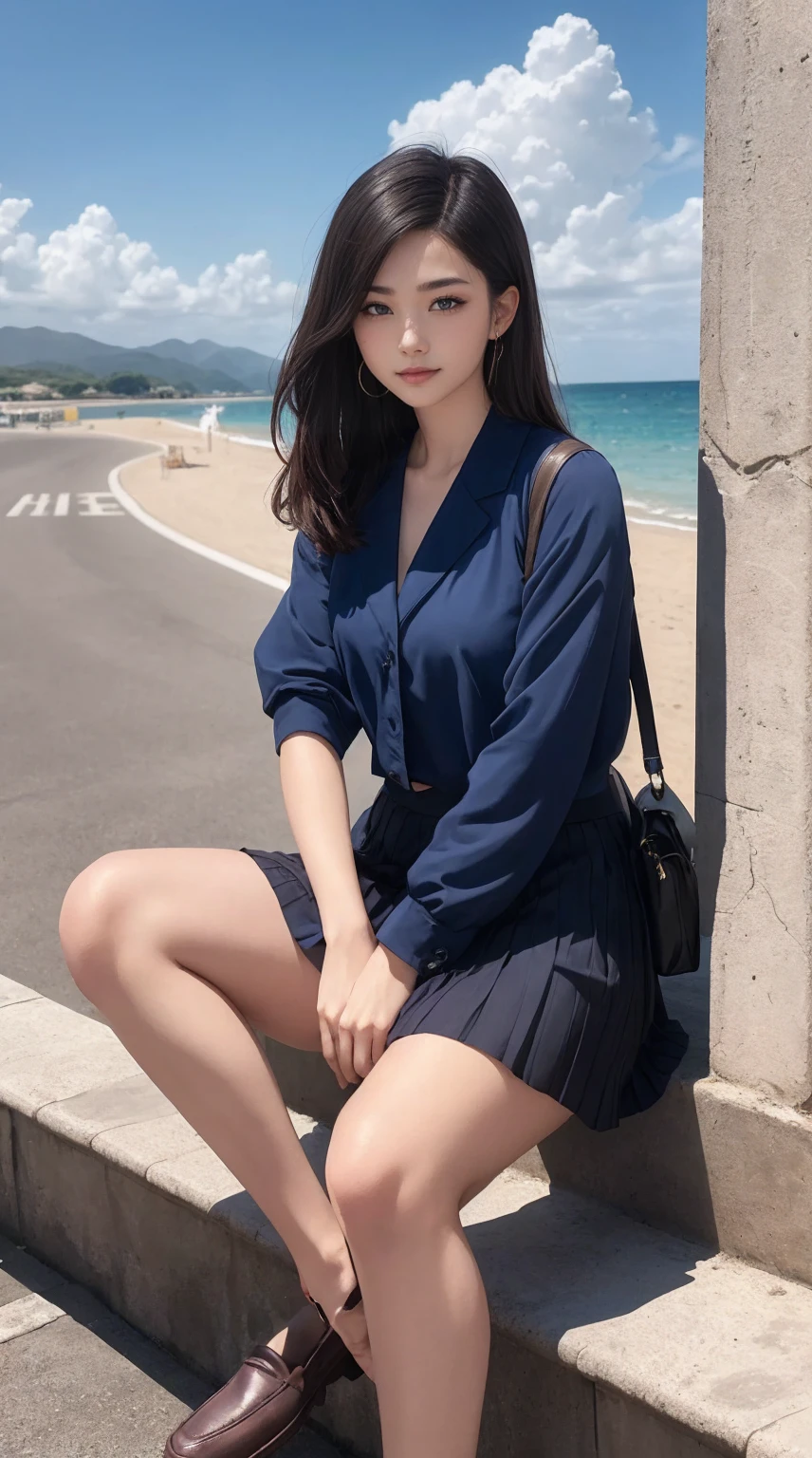 ((最high quality, 8K, masterpiece: 1.3, Ultra HD, high quality, 最high quality, High resolution, realism)) 、An extremely beautiful 18-year-old Japanese woman、hair color is black、black eye、medium hair、straight hair、smile、Slender but well-proportioned muscular body、Athlete-like body type、I don't want my head to disappear from the screen.、sit on a high breakwater on the beach、The blue sky is beautiful、There is an entrance cloud、It's summer、I'm wearing a sailor suit、Wear a navy blue pleated skirt、wear loafers、There is a road in front of the breakwater、There is a sign indicating the bus stop.、The sea is beautiful、The horizon looks beautiful、An island can be seen off the coast