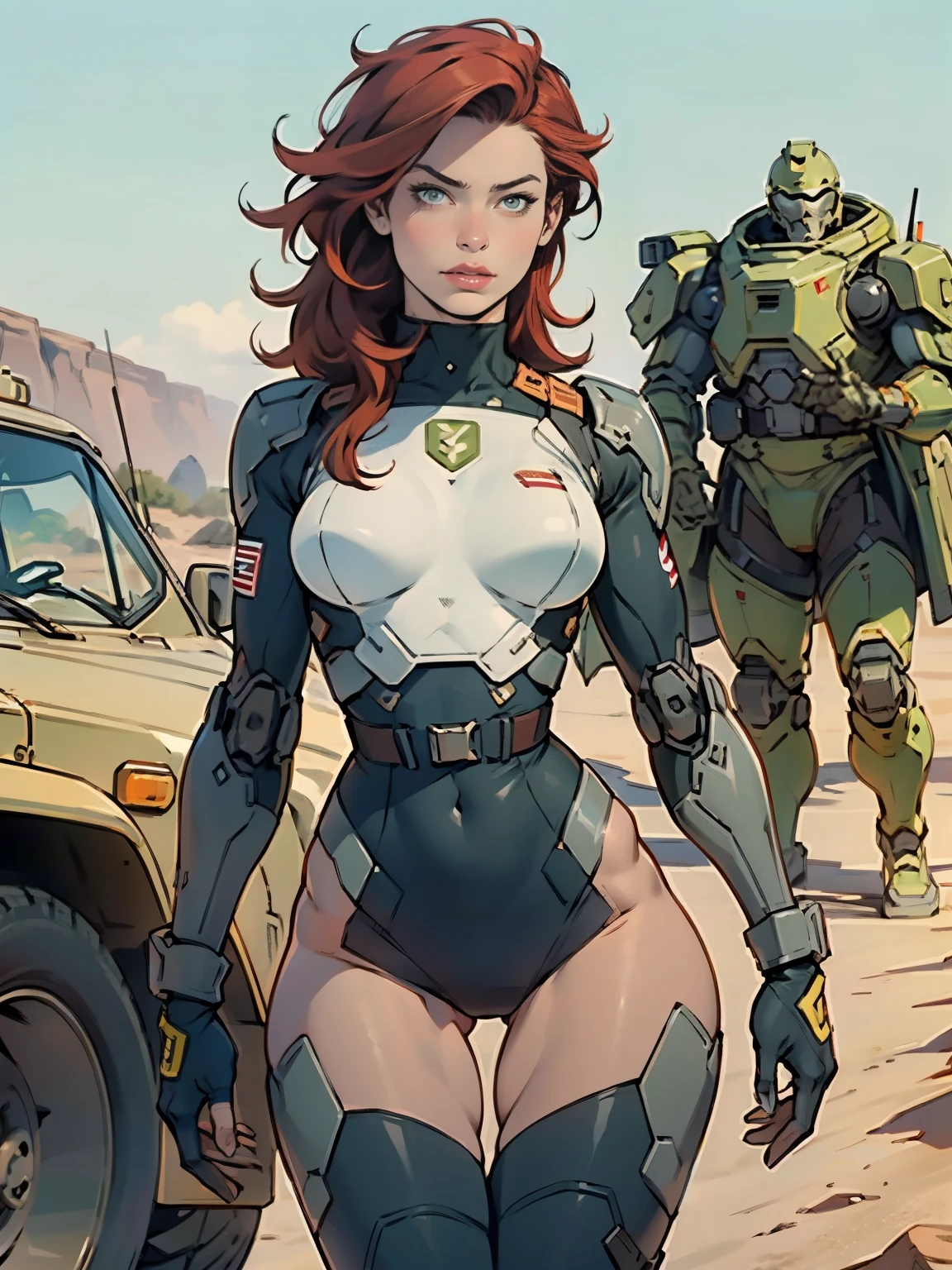 1woman 20 years old, military, beautiful, perfect body, realistic, red hair, perfect body, thin waist, , large breasts, slim thighs, desert background, armored vehicle, flying fighters, military robot dog, camouflaged uniform, wealth of details, tight panties, marking on the front, slender knees, highly detailed, high resolution, prefect hands, slender thighs, show knees, thigh gap, alert eyes