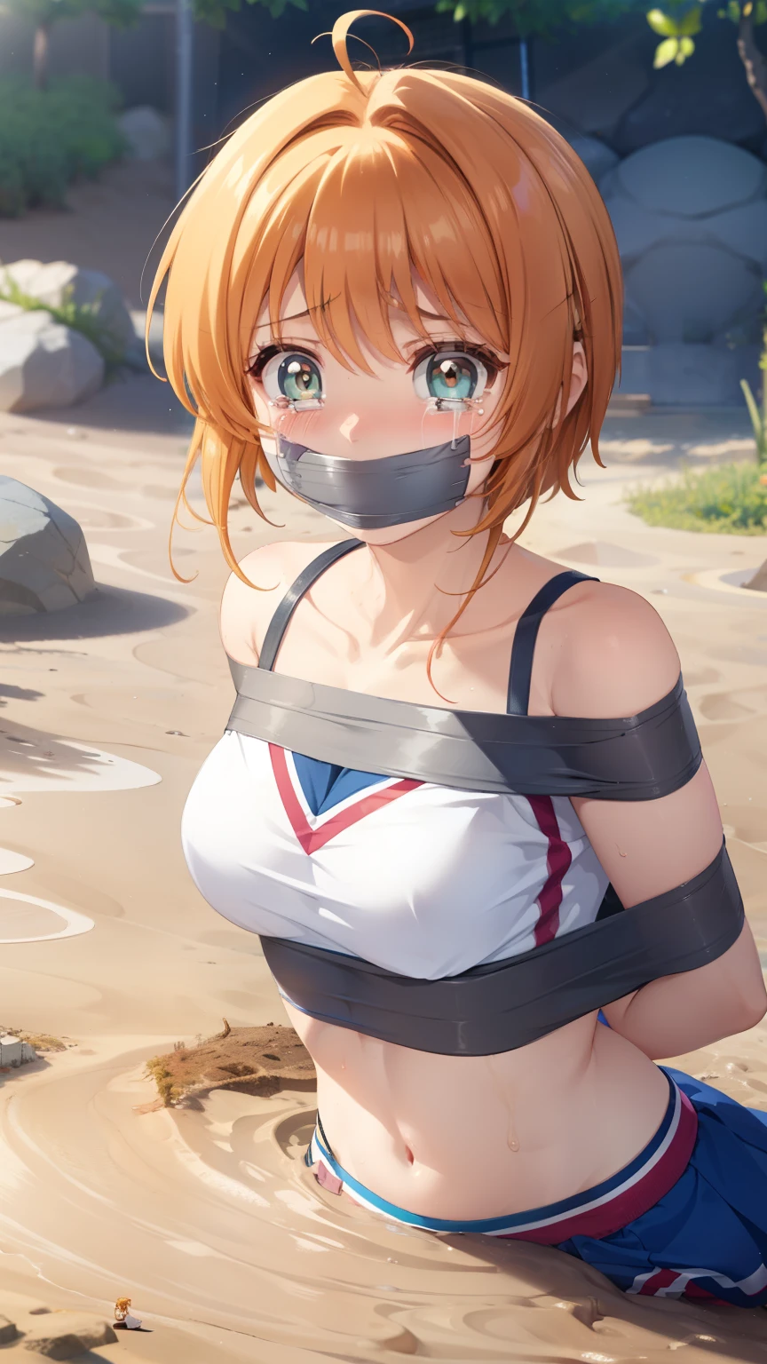 masterpiece, best quality, highres, 1girl, detailed face, blush, anime CG style, (medium breasts), (18 year old girl), good lighting, perfect body, sakura kinomoto, (tape gag), (tape bound), arms bound, eyes wide, pupils dilated, tears, crying, cheerleader, collarbone, (quicksand:1.3)