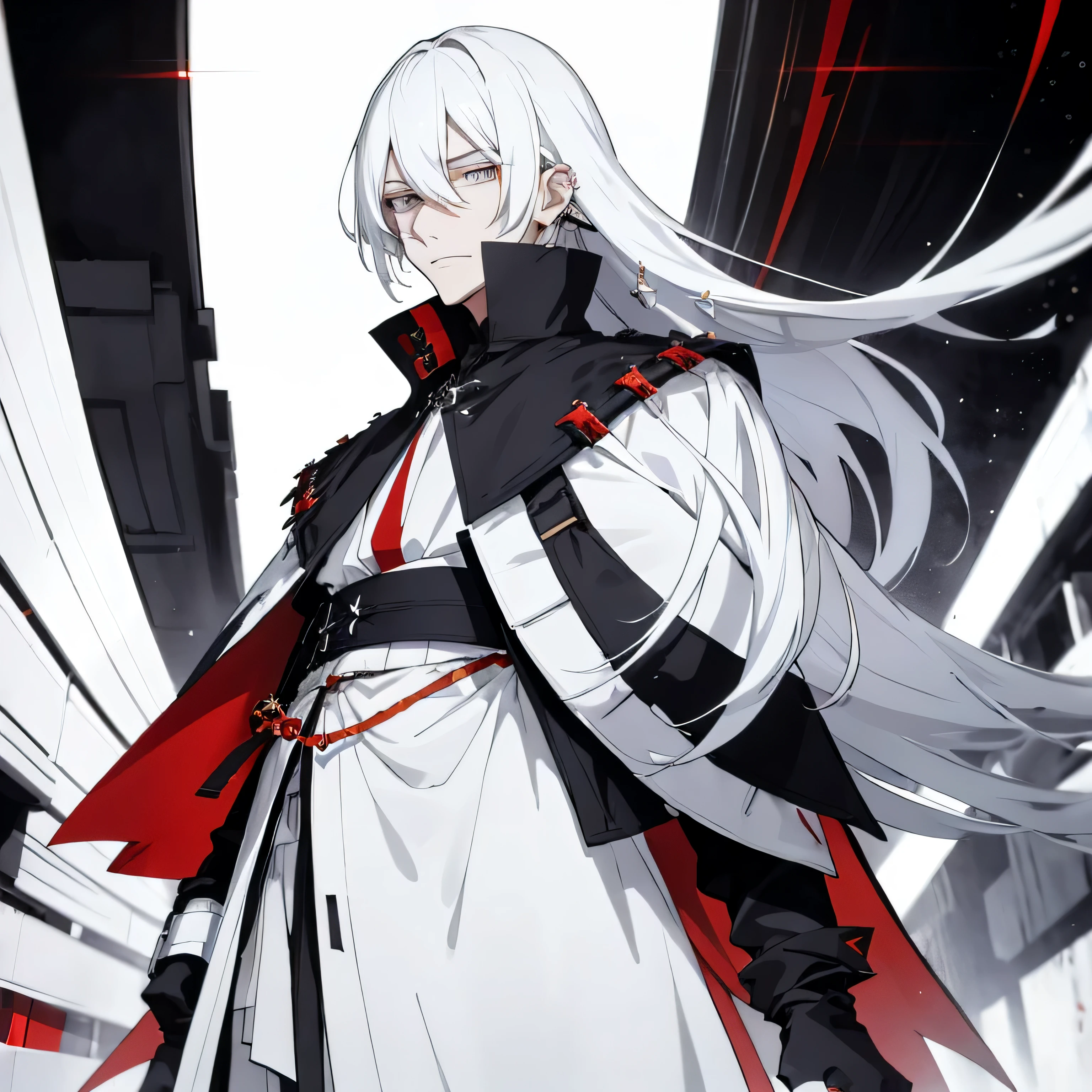 Homem com cabelos brancos, olhos carmesim, vestindo roupas de cor branca, preta e vermelha no estilo anime. (A man with white hair and amber-colored eyes, wearing white, black, and red clothes in the anime style.)

This man boasts white hair and amber eyes that sparkle like gems, dressing in a fashion reminiscent of anime. He dons a series of white, black, and vermilion garments, each piece fitting him perfectly and adding an element of visual interest to his appearance. The anime style brings out the best in his features, emphasizing the intricacy of every detail – from his sharp facial