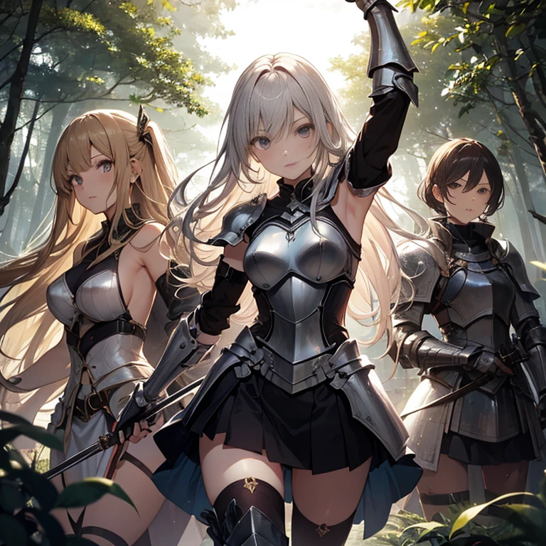 A group of  female knight, (in forest), various hair styles, harem, wearing armored clothes, metal armor, night, details face, , short skirt, seducing, sword, showing armpits, sleeveless 
