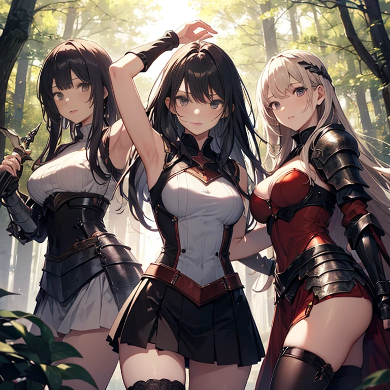 A group of female knight, (in forest), various hair styles, harem, wearing armored clothes, metal armor, night, details face, , short skirt, seducing, sword, showing armpits, sleeveless