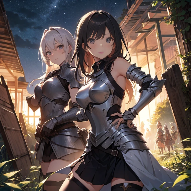 A group of  female knight, (in forest), various hair styles, harem, wearing armored clothes, metal armor, night, details face, , short skirt, seducing, sword, showing armpits, sleeveless 
