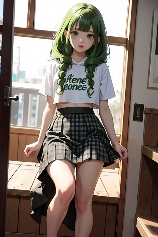 （masterpiece，highest quality），crop top look，Short sleeve hoodie， (Black skirt with gingham check)，green haired, long ringlets, bangs.