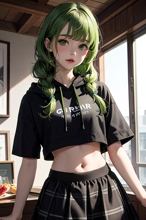 （masterpiece，highest quality），crop top look，Short sleeve hoodie， (Black skirt with gingham check)，green haired, long ringlets, bangs.