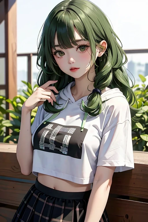 (masterpiece,highest quality),crop top look,Short sleeve hoodie, (Black skirt with gingham check),green haired, long ringlets, bangs.