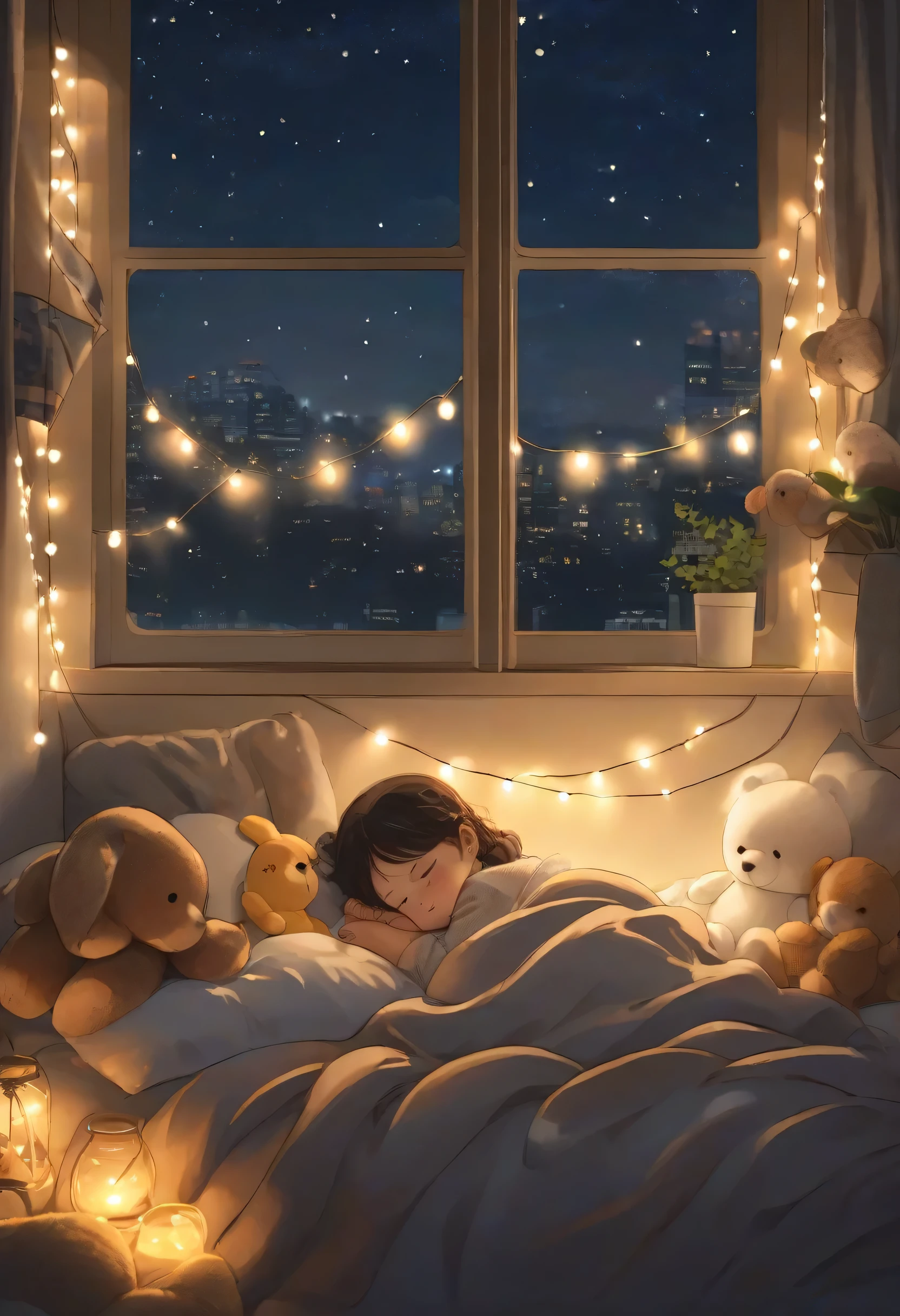 Cute sleeping comfortably on the bed, covered with a blanket, stuffed animals, wall string lights, window, Cozy and comfortable atmosphere, at night, wonder, pixiv,