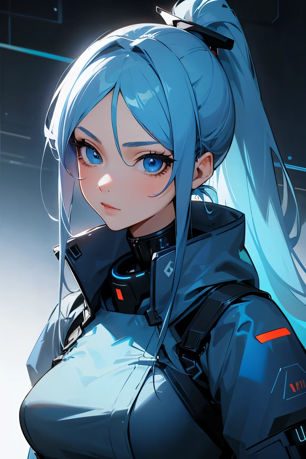 1girl, ((human)), long blue hair, blue eyes, blue long dress, ponytail, synthesizer, futuristic, busty, (detailed face)