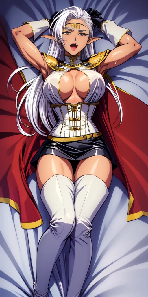 (((masterpiece,high resolution,best quality))), 1girl, solo,wine bottle,bare legs, large breasts, lying, on back, petals, looking at viewer, armpits, open mouth, solo, blush, wet clothes, heart, arms up, wet, bed sheet, origin, 1girl, red cape, boots, gloves, epaulettes, black corset, corset, black gloves, :d, black skirt, Pirotess, (yellow eyes), white hair, silver hair, very long hair, straight hair, solo, adult woman, tall, slightly muscular, large breasted, cleavage, constricted waist, Toned body, slight abs, thin dark skin, pointy ears, lipstick, makeup, black eyeshadow, circlet, white short dress, jewelry, bracelet, white gloves, thigh boots