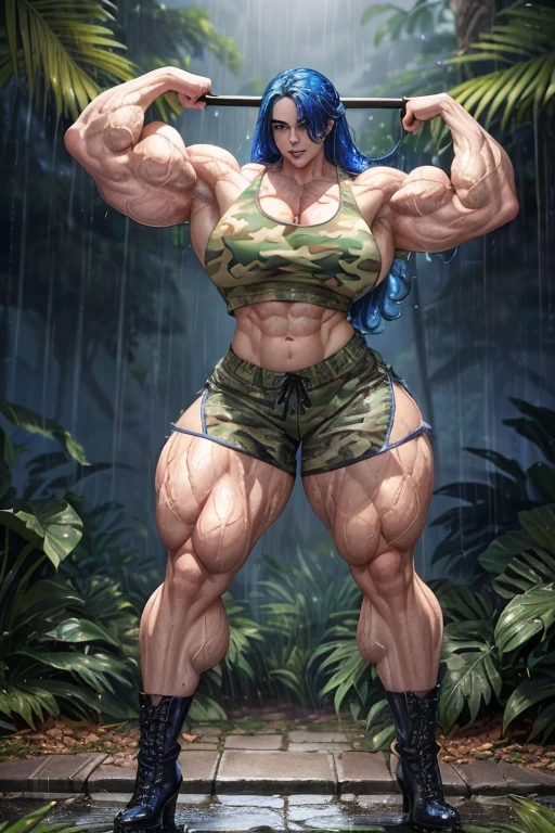 (((((Massive tall, beautiful, buff, wet, pale white skinned, muscular woman with wet royal blue hair, black lipstick, ginormous bulky muscles and wearing a royal blue cropped camouflage tank top with royal blue camouflage safari shorts))))), (close view), (black eyeliner), massive muscle, massive biceps, hyper muscle triceps, (long wavy curly hair), white eyes, black high heels boots, (in a dark heavy rainy jungle), nighttime, showing a sexy smile, hyper muscles arms, hyper muscle legs, (massive arms)