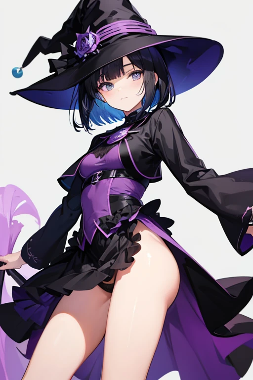 Witch's outfit, Anime-style portrait of a girl with a deep violet bob cut making eye contact with the camera, bright eyes, baby-faced, subtle smile, minimalistic background to emphasize character, high contrast, clean lines, digital painting, vivid colors