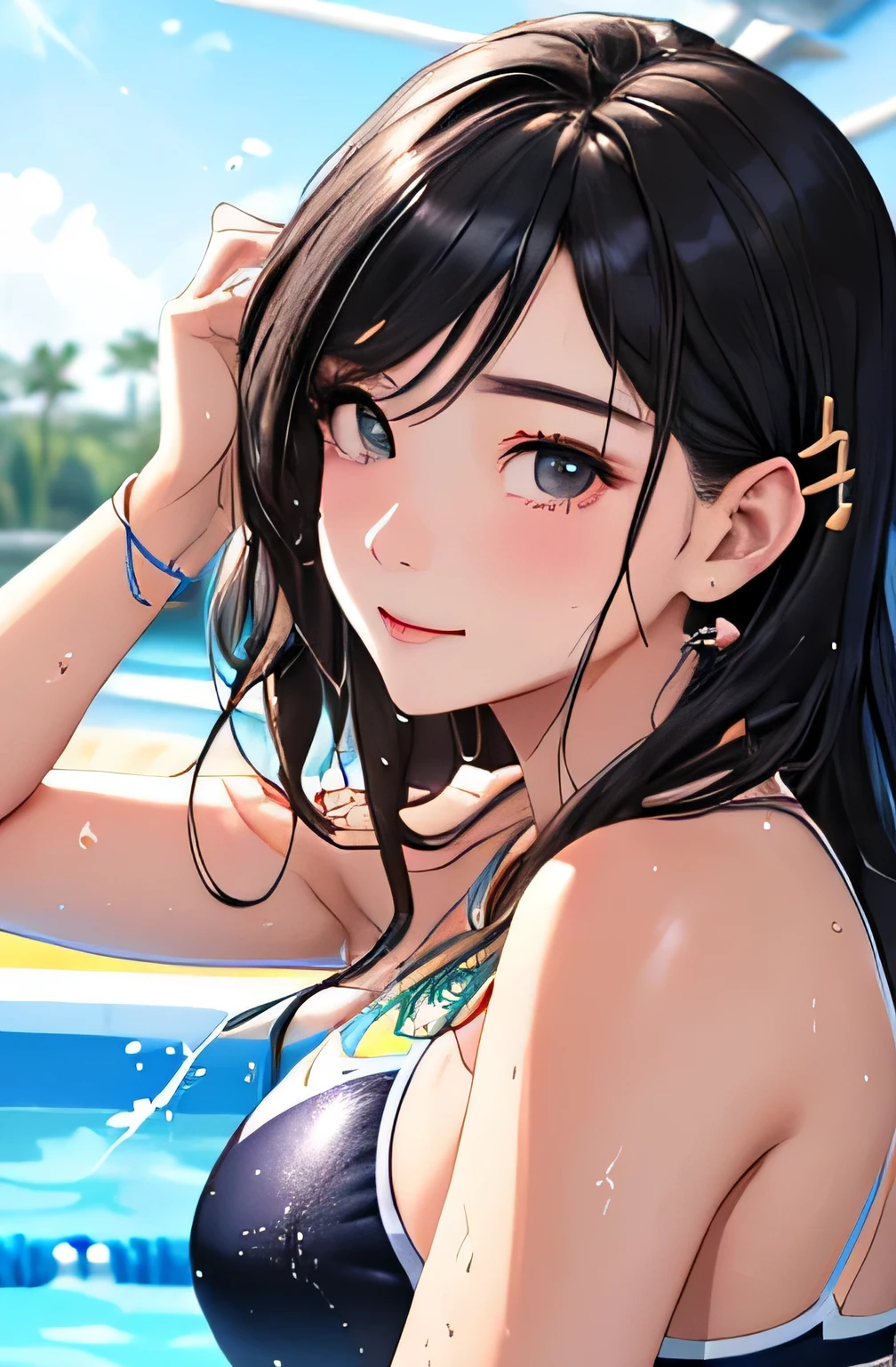 (top quality, masterpiece, ultra-realistic), portrait of one beautiful and delicate girl with soft and peaceful expression, one girl, hair color, bangs, hairstyle fax, portrait from waist up, naked, bathing, splashing milk on face, ladies, light green long black hair, gray eyes, hair spread over the surface of the water, dull bangs, immersed in water to chest, smile, open mouth, selfie, surprise, small breasts, Focus on the mouth