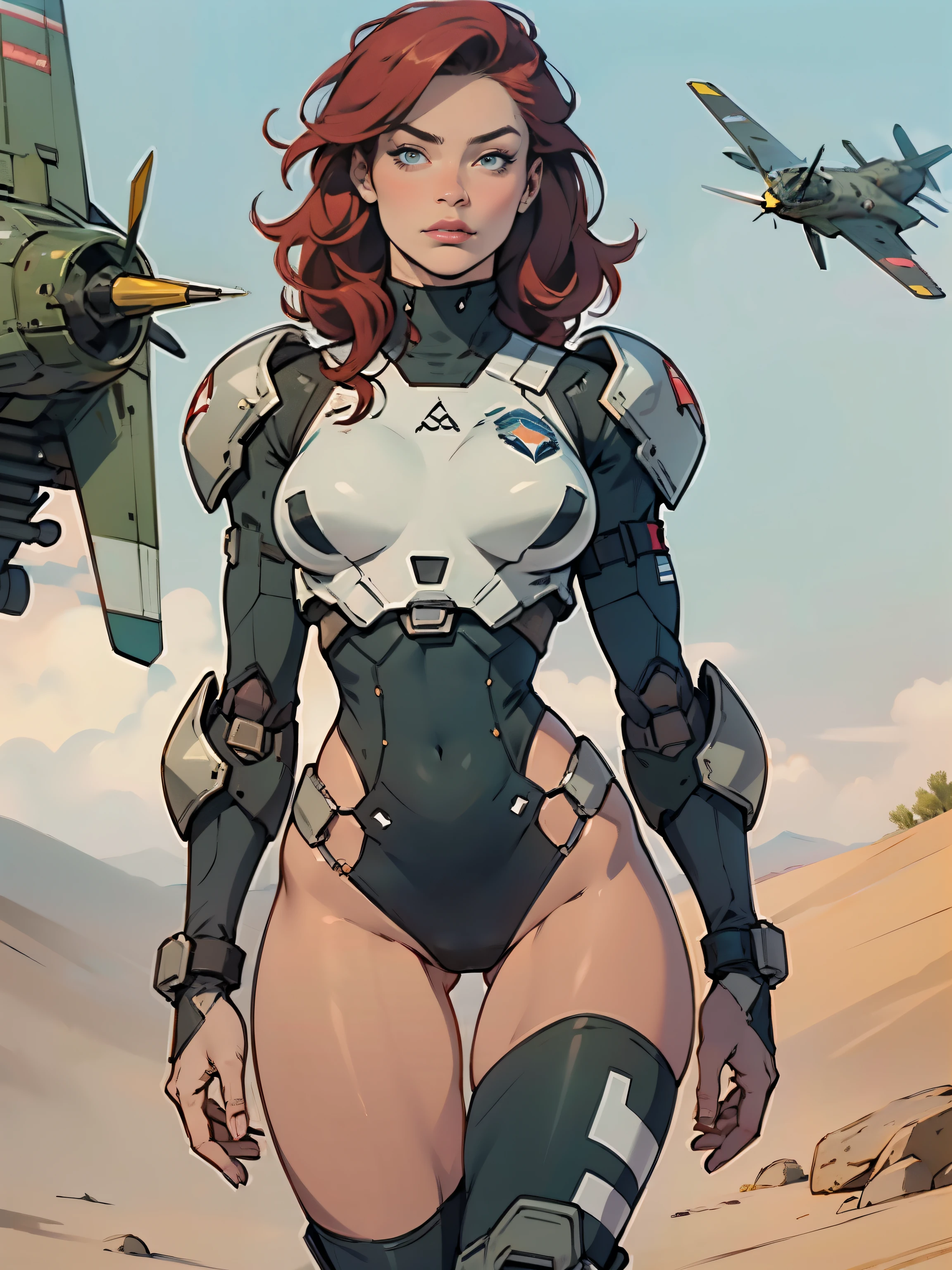 1woman 20 years old, military, beautiful, perfect body, realistic, red hair, perfect body, thin waist, , large breasts, slim thighs, desert background, armored vehicle, flying fighters, military robot dog, camouflaged uniform, wealth of details, tight panties, marking on the front, slender knees, highly detailed, high resolution, prefect hands, slender thighs, show knees, thigh gap, alert eyes