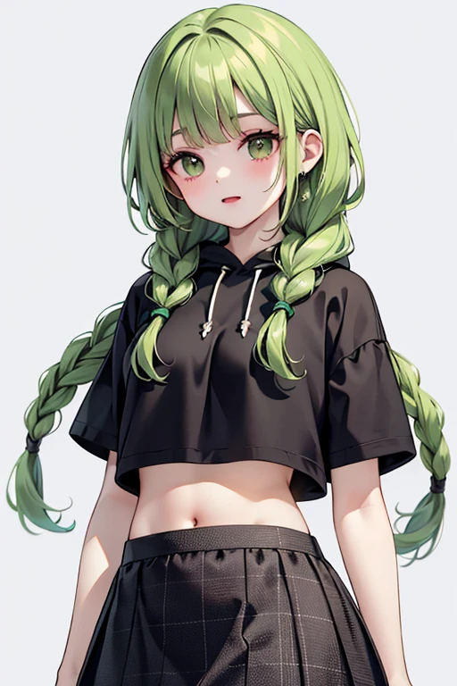 （masterpiece，highest quality），crop top look，Short sleeve hoodie， (Black skirt with gingham check)，green haired, long thick braids, bangs.