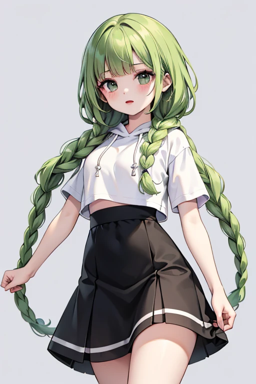 （masterpiece，highest quality），crop top look，Short sleeve hoodie， (Black skirt with gingham check)，green haired, long thick braids, bangs.