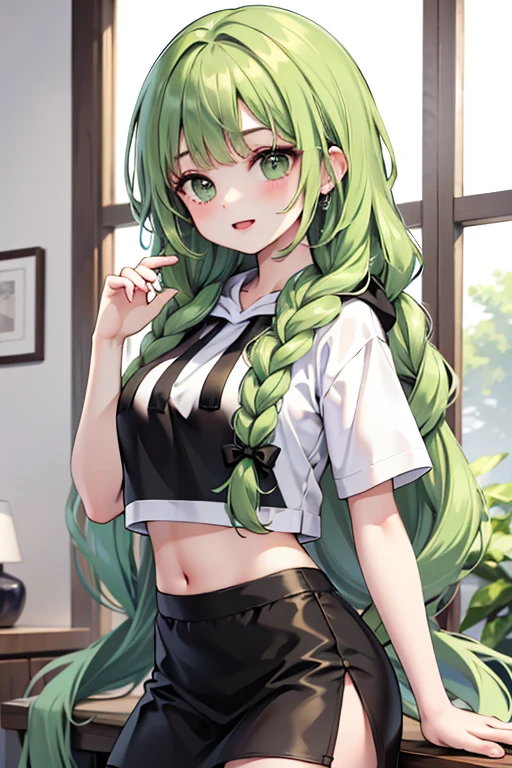 （masterpiece，highest quality），crop top look，Short sleeve hoodie， (Black skirt with gingham check)，green haired, long thick braids, bangs.