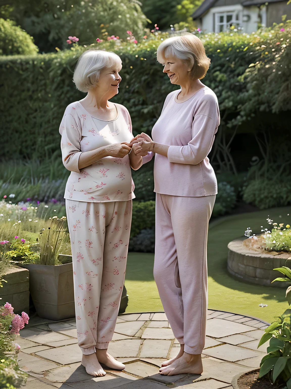 Two 60-year-old British women standing in the garden,hand in hand,Wear loungewear,plump figure。
