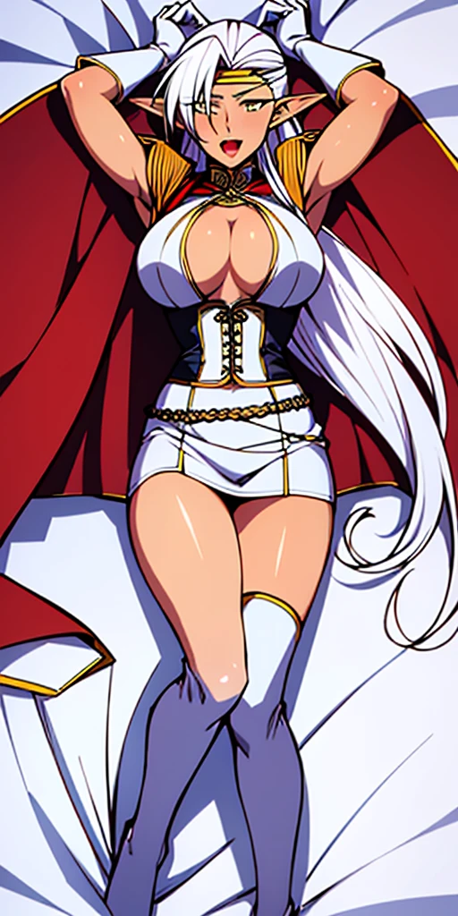 (((masterpiece,high resolution,best quality))), 1girl, solo,wine bottle,bare legs, large breasts, lying, on back, petals, looking at viewer, armpits, open mouth, solo, blush, wet clothes, heart, arms up, wet, bed sheet, origin, 1girl, red cape, boots, gloves, epaulettes, black corset, corset, black gloves, :d, black skirt, Pirotess, (yellow eyes), white hair, silver hair, very long hair, straight hair, solo, adult woman, tall, slightly muscular, large breasted, cleavage, constricted waist, Toned body, slight abs, thin dark skin, pointy ears, lipstick, makeup, black eyeshadow, circlet, white short dress, jewelry, bracelet, white gloves, thigh boots