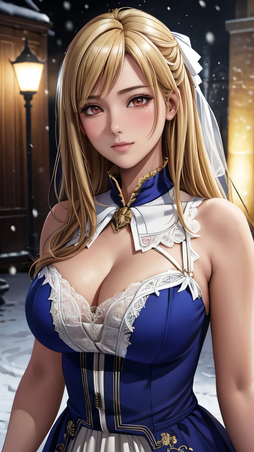 red eyes, (highest quality, masterpiece painting:1.3), immature woman, , (half body shot), masterpiece, ultra high resolution, (Photoreal:1.0), gold hair, straight hair, beautiful shining hair, white and shining skin, ((Ultra realistic details)), octane rendering, highly detailed face, (big breasts:0.8), She wears stunning costumes inspired by Belle Époque style, flowing gold dress decorated with lace and ribbons, (clothing: gold belle époque dress with lace and ribbons),cleavage, perfect body, soft skin, anime face, perfect face, perfect eyes, looking at the viewer, smart, snow scene, ((snow falling)), ((fantastic night)), ((outdoors)), sharp focus, intricate details, professional artwork, (bright colors:1.1), bright colors, diffused lighting, digital blending, ultra-definition body, ultra detail hair, super detailed face, that'It's trending on pixiv, top button open, Cute gaze, compensate, perfect lips, perfect compensate, Ultra-precision coating, (light_smile:0.8), (Very embarrassed:1.2), blush your nose,