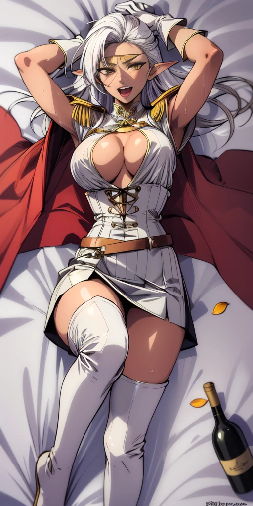(((masterpiece,high resolution,best quality))), 1girl, solo,wine bottle,bare legs, large breasts, lying, on back, petals, looking at viewer, armpits, open mouth, solo, blush, wet clothes, heart, arms up, wet, bed sheet, origin, 1girl, red cape, boots, gloves, epaulettes, black corset, corset, black gloves, :d, black skirt, Pirotess, (yellow eyes), white hair, silver hair, very long hair, straight hair, solo, adult woman, tall, slightly muscular, large breasted, cleavage, constricted waist, Toned body, slight abs, thin dark skin, pointy ears, lipstick, makeup, black eyeshadow, circlet, white short dress, jewelry, bracelet, white gloves, thigh boots