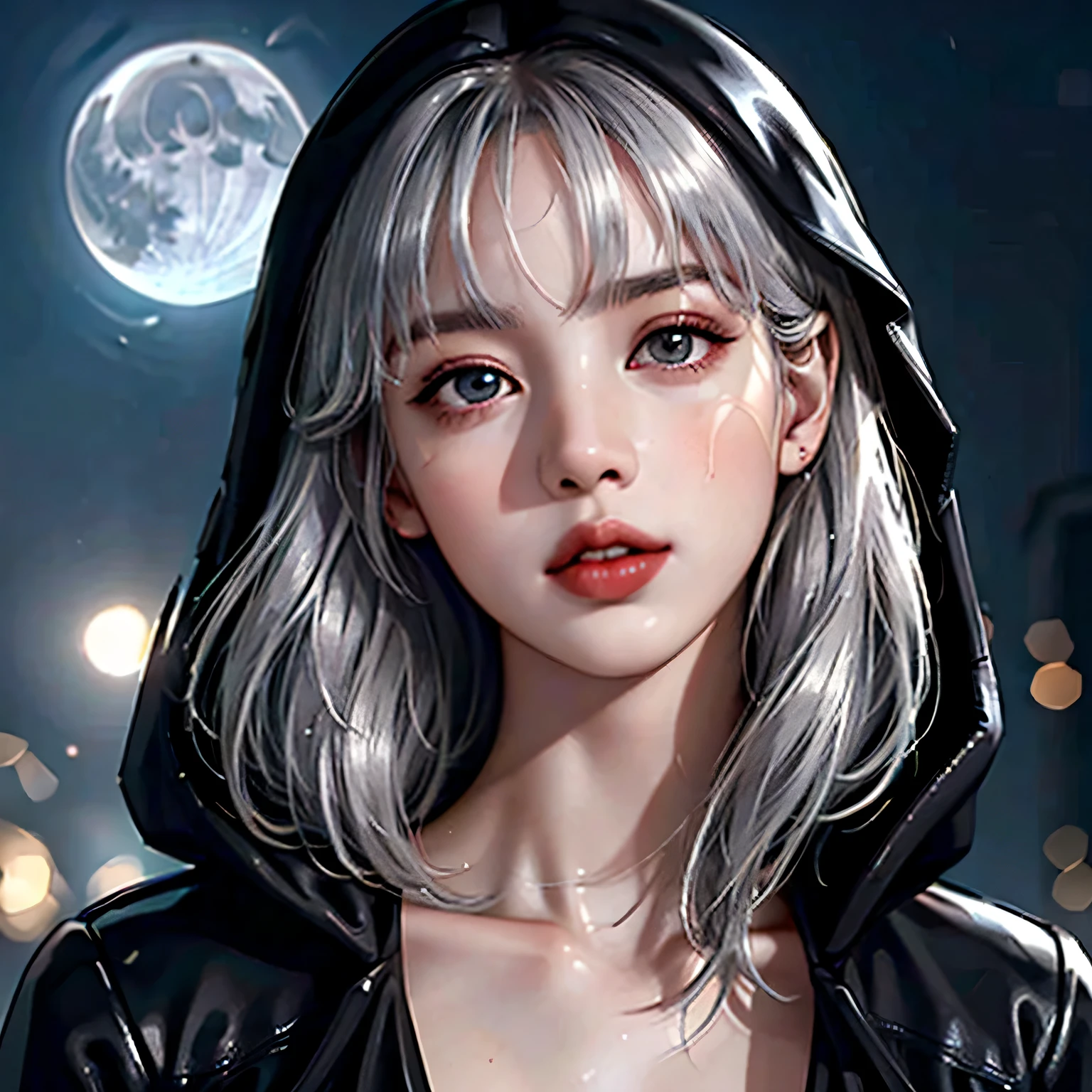 (Uhd, retina, masterpiece, Accurate, anatomically correct, rough skin, Super detailed, advanced details, high quality, 最high quality, High resolution, 1080p, hd, 4k, 8K, 16k), (detailed and beautiful eyes, beautiful detailed lips, highly detailed eyes and face), soft lighting, Physically based rendering, Bright colors, (big breasts:1.5), (portrait, shiny hair, shiny skin), eye reflection, (Bokeh, moonlight:1.5), (black coat, put a hood on your head, sunburned skin:1.5), silver hair