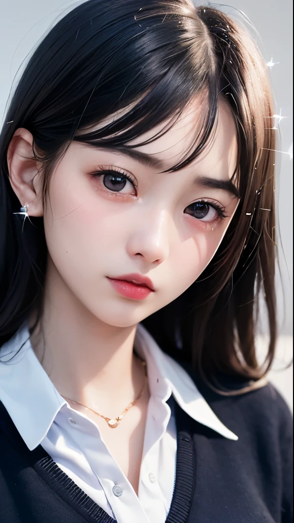 (1 nogizaka girl,teenager,Japanese high school student,raw photo,photo realistic:1.5),(best quality, high quality,HDR, highest quality,ultra high resolution,high resolution,high res,ultra high difinition,huge file size,8K,2K wallpaper,8K wallpaper,high quality texture,amazing,an extremely delicate:1.4),one girl, Japanese idol,absurd,ridiculous,incredibly ridiculous,portrait,blurry background,(school uniform,natural makeup:1.1),small head,black hair,silky hair,black eyes,cute eyes,(small eyes,sparkling pupils:1.3),(troubled face:1.1),(cleavage,huge breasts:1.1),(Light Particles, Lens Flare, Luminous Particles: 0.7),looking at viewer,bright lighting,professional lighting