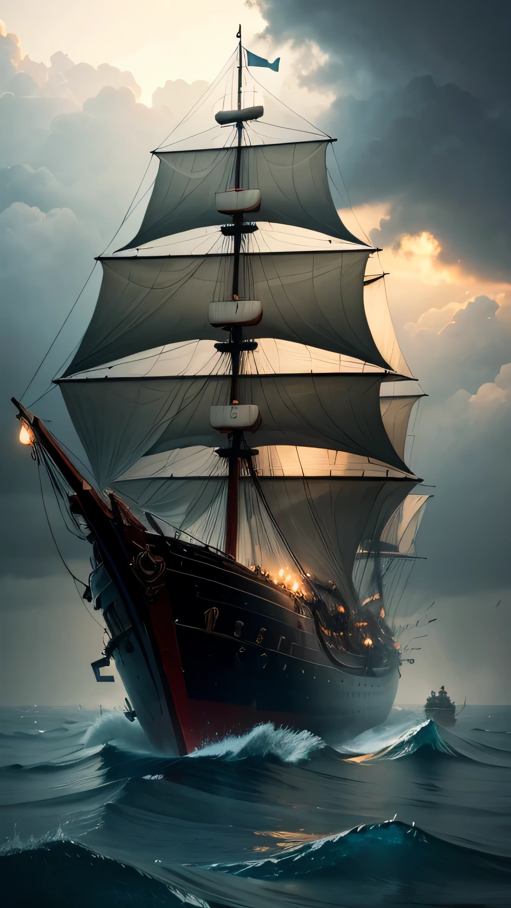 traditional pinisi ship sank, dark cloud, rain, 8k